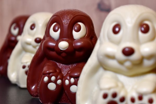 Handgegossene Osterhasen "Mamma Mia" aus weisser Schokolade und Milchschokolade, aufgereiht nebeneinander. Das Foto stammt von Chani Schoggi.