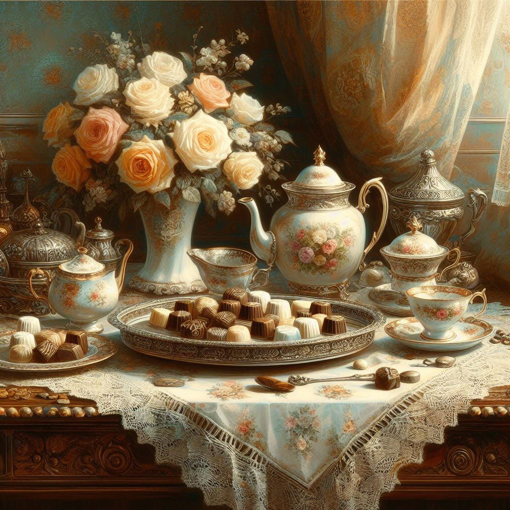 Darstellung eines viktorianischen Teegedecks mit handgemachter Schokolade, Teeporzellan und Blumen.
