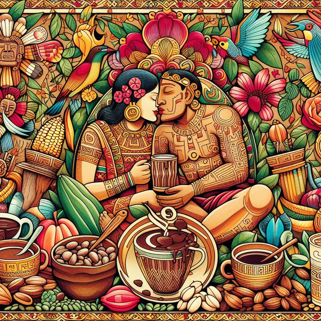 Darstellung einer zeremoniellen Verwendung von Kakao im antiken Mesoamerika (Maya, Azteken).