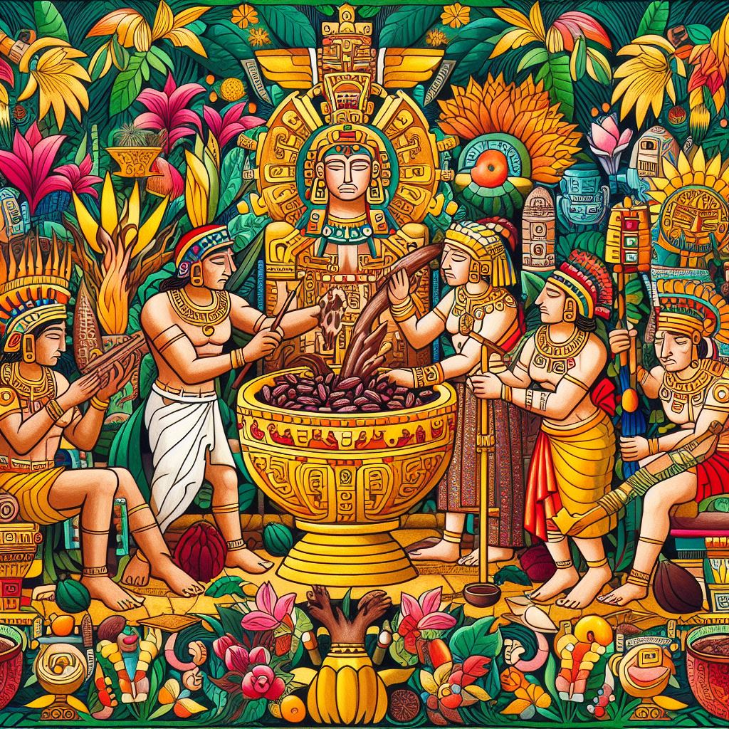 Darstellung einer zeremoniellen Verwendung von Kakao im antiken Mesoamerika (Maya, Azteken).