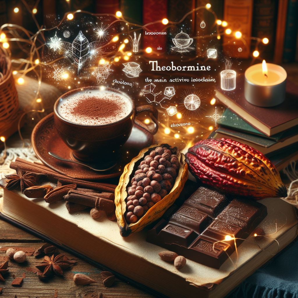 Darstellung von Kakao, Schokolade und der chemischen Verbindungen im Kakao: Theobromin, Polyphenole, etc.